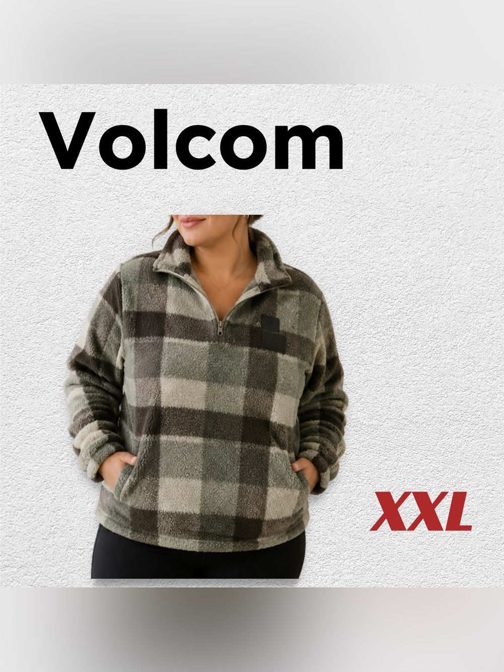 🇺🇸👍VGUC VOLCOM |XXL| Green Black Plaid Sherpa Pullover 1/4 zip outdoor casual*